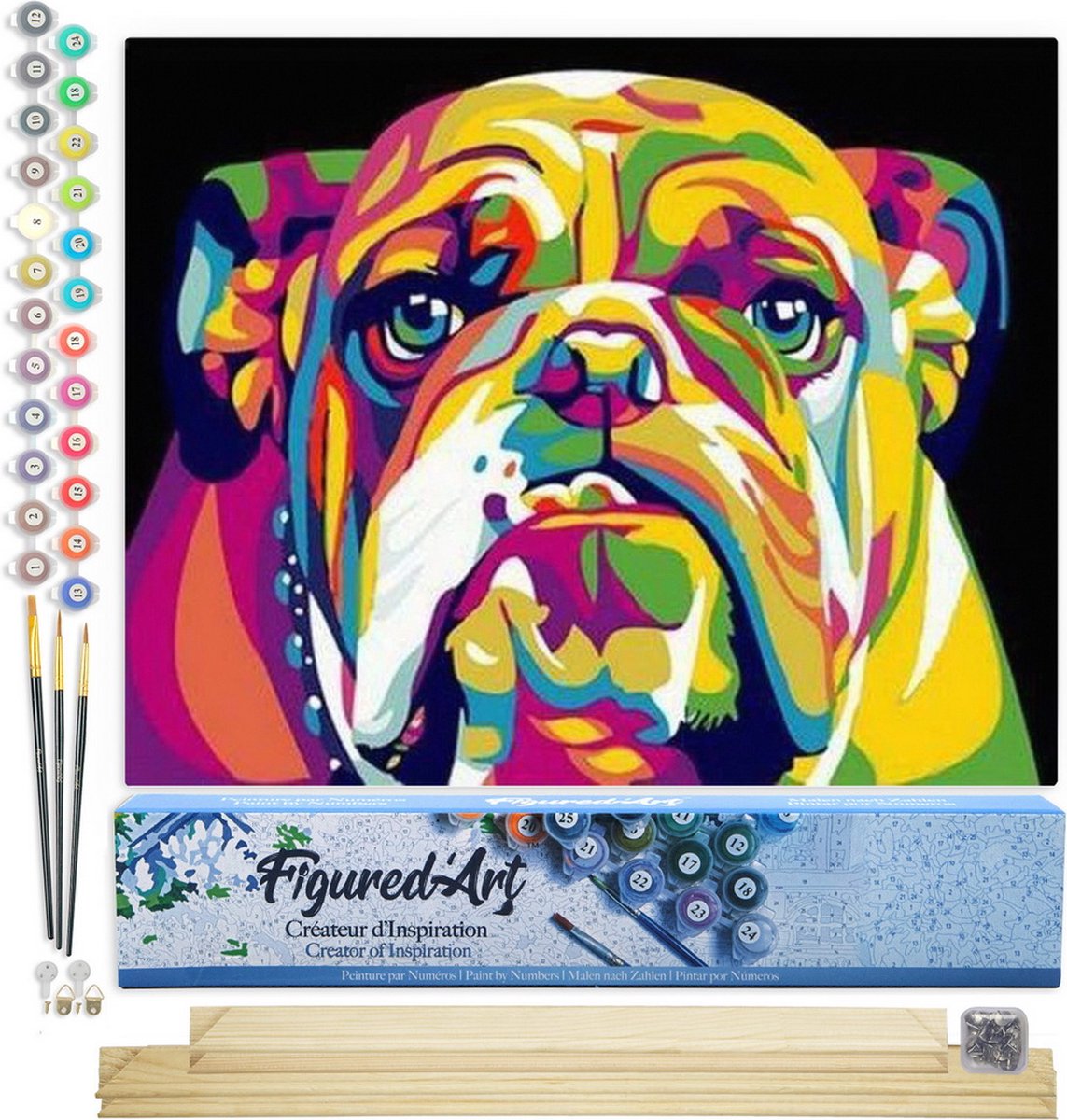 FiguredArt Schilderen op Nummer Volwassenen canvas Bulldog popart - Handwerk acrylverf Kit DIY Compleet - 40x50cm met DIY houten lijst